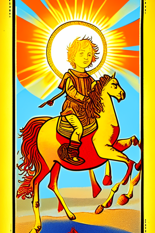 The Sun tarot card with a child riding a horse under a bright sun