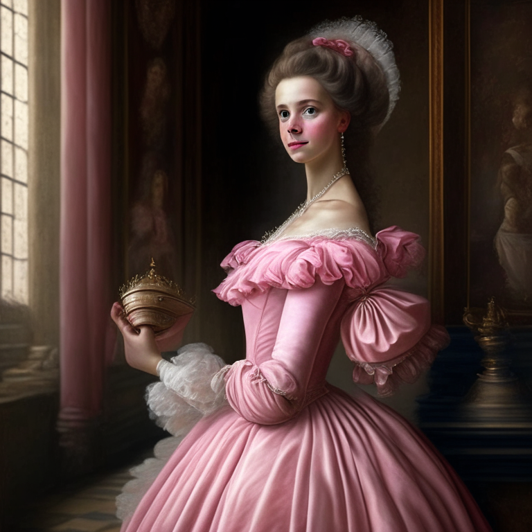 A beautiful young woman, she looks with superiority with a fan in her hand, she wears a pink 18th century dress, she is in a castle