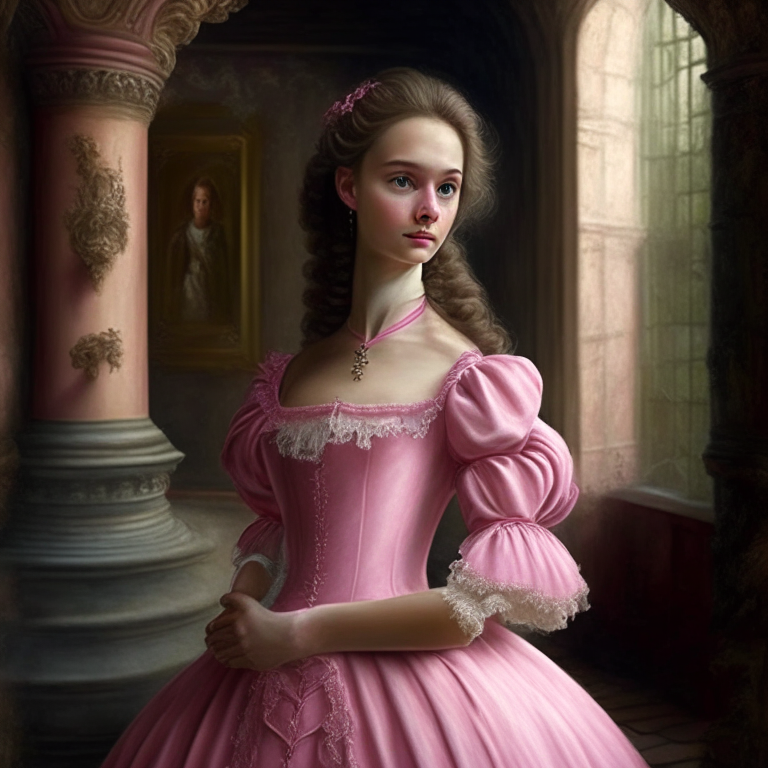A beautiful young woman, she looks with superiority, she wears a pink 18th century dress, she is in a castle
