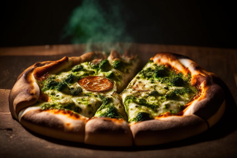 Wood Fired Pizza Oven Grilled Chicken and Pesto Pizza, bright studio lighting, tight framing focused on the food, razor-sharp focus