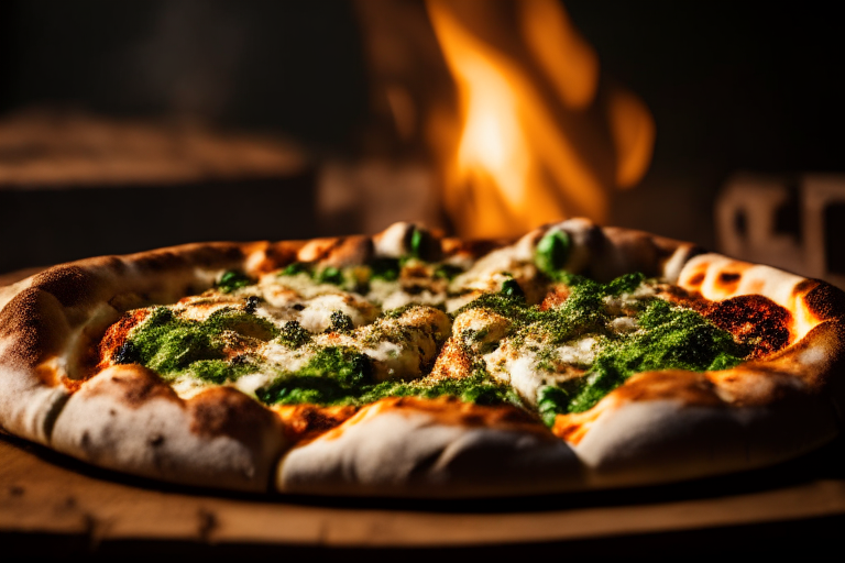 Wood Fired Pizza Oven Grilled Chicken and Pesto Pizza, bright studio lighting, tight framing focused on the food, razor-sharp focus