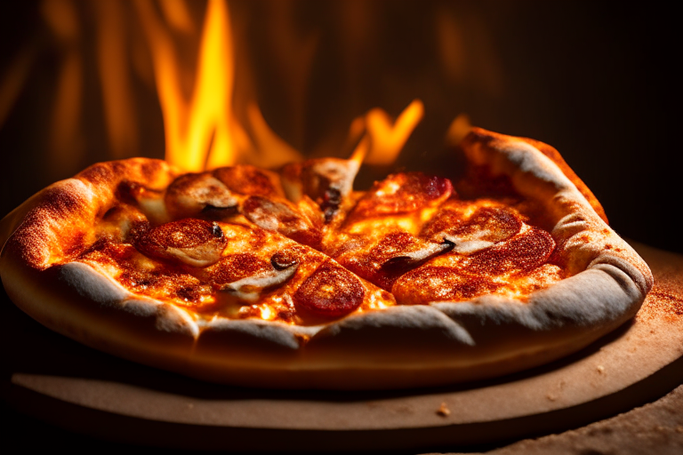 Wood Fired Pizza Oven BBQ Chicken Pizza, bright studio lighting, tight framing focused on the food, razor-sharp focus