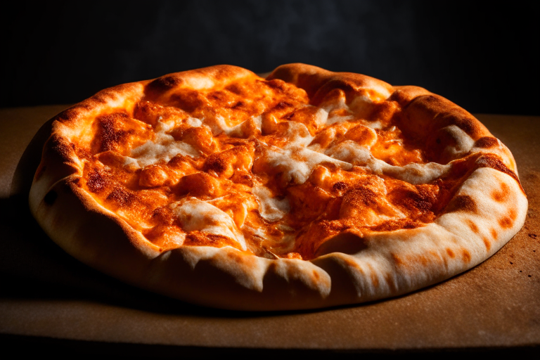 Wood Fired Pizza Oven Buffalo Chicken Pizza, bright studio lighting, tight framing focused on the food, razor-sharp focus