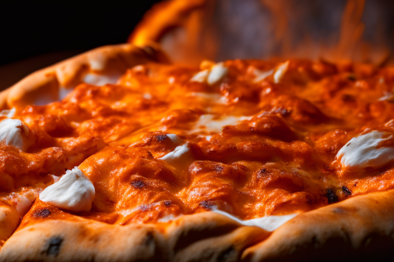 Wood Fired Pizza Oven Buffalo Chicken Pizza, bright studio lighting, close up shot centered on the pizza, razor-sharp focus