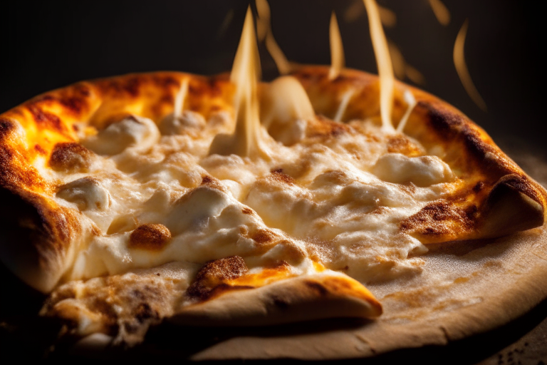 Wood Fired Pizza Oven Chicken Alfredo Pizza, bright studio lighting, tight framing focused on the melted cheese and chicken, razor-sharp focus