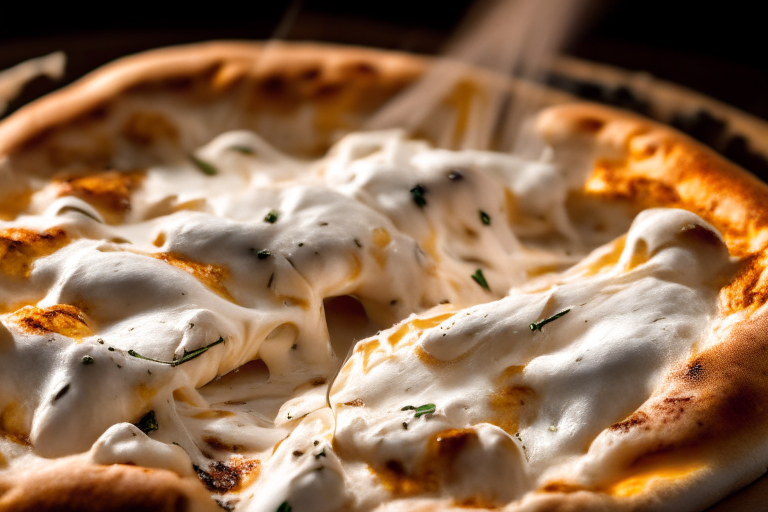 Wood Fired Pizza Oven Chicken Alfredo Pizza, bright studio lighting, close up shot centered on the bubbling alfredo sauce and chicken, razor-sharp focus