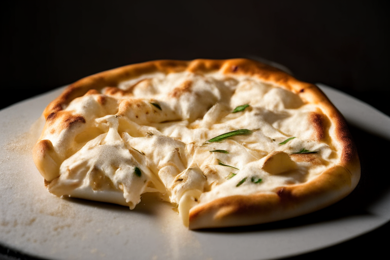 Wood Fired Pizza Oven Chicken Alfredo Pizza, bright studio lighting, minimal plate visible, razor-sharp focus on the melted cheese, chicken and alfredo sauce