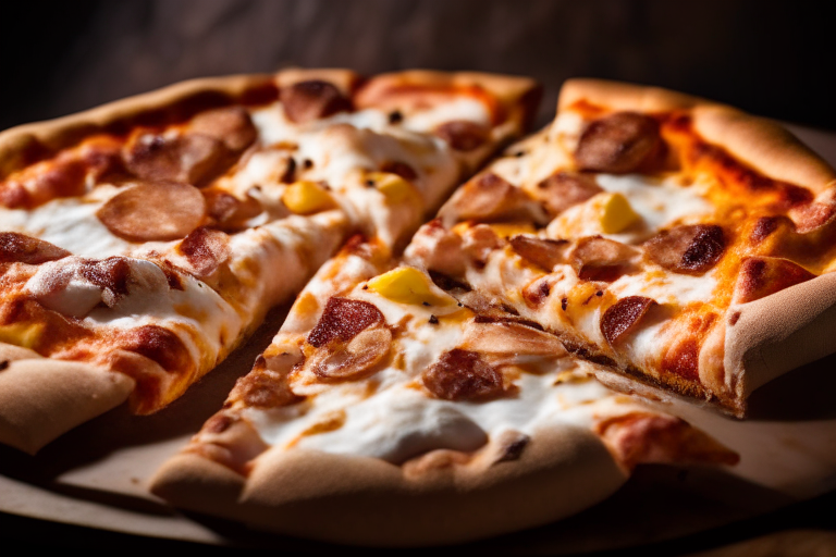 Wood Fired Pizza Oven Chicken and Bacon Ranch Pizza, bright studio lighting, tight framing focused on the melted cheese, chicken and bacon, razor-sharp focus