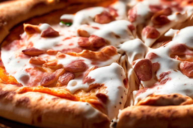 Wood Fired Pizza Oven Chicken and Bacon Ranch Pizza, bright studio lighting, close up shot centered on the bubbling ranch sauce, chicken and bacon, razor-sharp focus