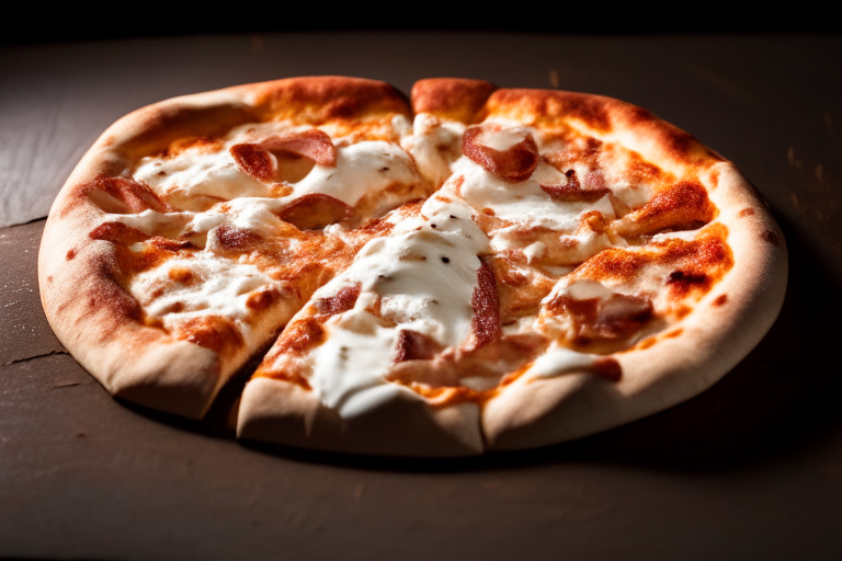 Wood Fired Pizza Oven Chicken and Bacon Ranch Pizza, bright studio lighting, minimal plate visible, razor-sharp focus on the melted cheese, chicken, bacon and ranch sauce