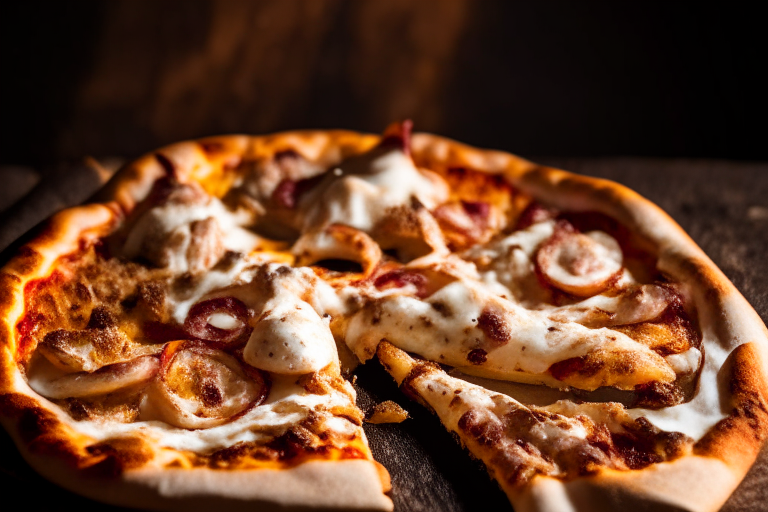 Wood Fired Pizza Oven Chicken and Bacon Ranch Pizza, bright studio lighting, tight framing focused on the melted cheese, chicken and bacon, razor-sharp focus