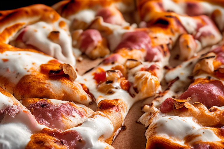 Wood Fired Pizza Oven Chicken and Bacon Ranch Pizza, bright studio lighting, close up shot centered on the bubbling ranch sauce, chicken and bacon, razor-sharp focus