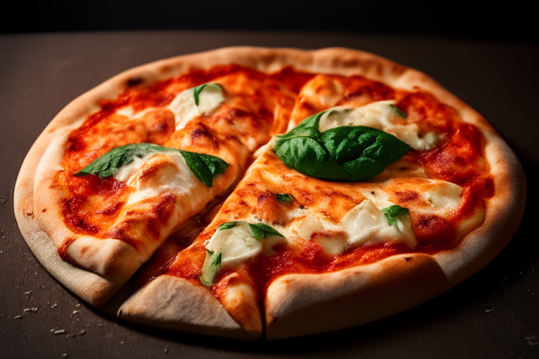 Wood Fired Pizza Oven Margherita Chicken Pizza, bright studio lighting, minimal plate visible, razor-sharp focus on the melted cheese, grilled chicken, tomato sauce, basil