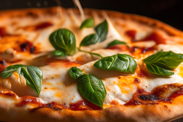 Wood Fired Pizza Oven Margherita Chicken Pizza, bright studio lighting, close up shot centered on the bubbling tomato sauce, grilled chicken, basil and melted cheese, razor-sharp focus