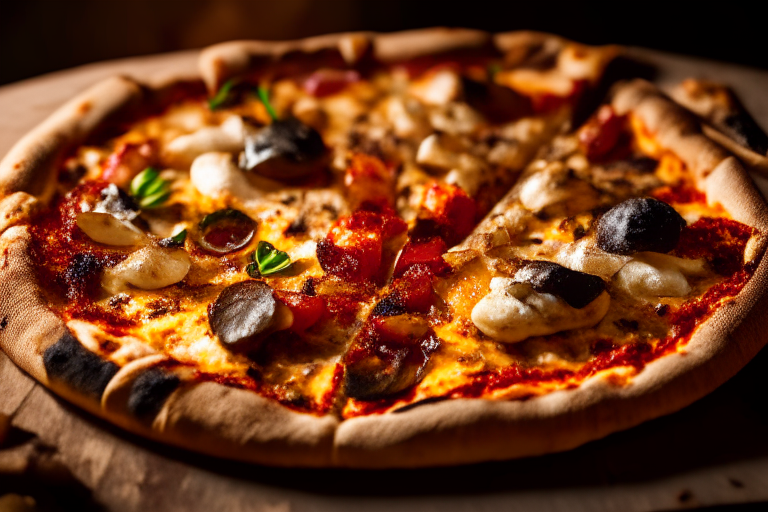 Wood Fired Pizza Oven Mediterranean Chicken Pizza, bright studio lighting, tight framing focused on the melted cheese, grilled chicken, sun-dried tomatoes, olives, basil and olive oil, razor-sharp focus