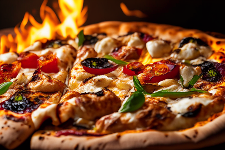 Wood Fired Pizza Oven Mediterranean Chicken Pizza, bright studio lighting, close up shot centered on the olive oil, grilled chicken, sun-dried tomatoes, olives and basil, razor-sharp focus