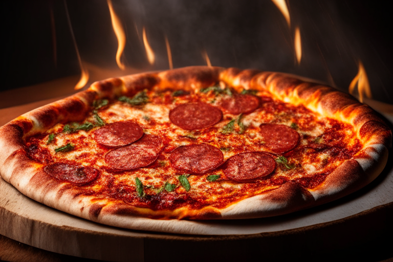 Wood Fired Pizza Oven Classic Beef and Pepperoni Pizza, bright studio lighting, tight framing focused on the melted cheese, pepperoni, beef, tomato sauce and oregano, razor-sharp focus