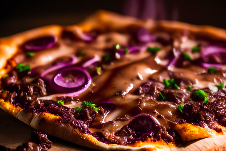 Wood Fired Pizza Oven Smoky BBQ Beef Brisket Pizza, bright studio lighting, tight framing focused on the melted cheese, beef brisket, barbecue sauce, red onions and cilantro, razor-sharp focus