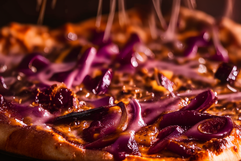 Wood Fired Pizza Oven Smoky BBQ Beef Brisket Pizza, bright studio lighting, close up shot centered on the barbecue sauce, beef brisket, red onions and melted cheese, razor-sharp focus