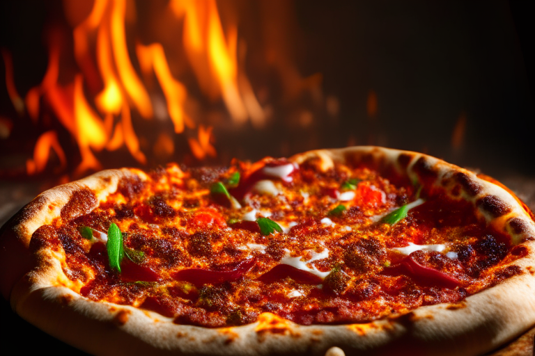 Wood Fired Pizza Oven Spicy Chipotle Beef Fiesta Pizza, bright studio lighting, tight framing focused on the melted cheese, beef, chipotle peppers, red peppers and cilantro, razor-sharp focus