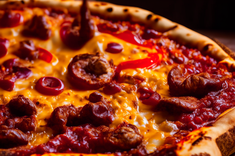 Wood Fired Pizza Oven Spicy Chipotle Beef Fiesta Pizza, bright studio lighting, close up shot centered on the chipotle sauce, beef, red peppers and melted cheese, razor-sharp focus