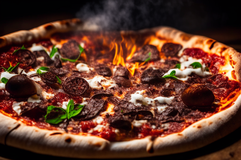 Wood Fired Pizza Oven Mediterranean Beef and Feta Pizza, bright studio lighting, tight framing focused on the melted feta cheese, beef, olives, sun-dried tomatoes and basil, razor-sharp focus