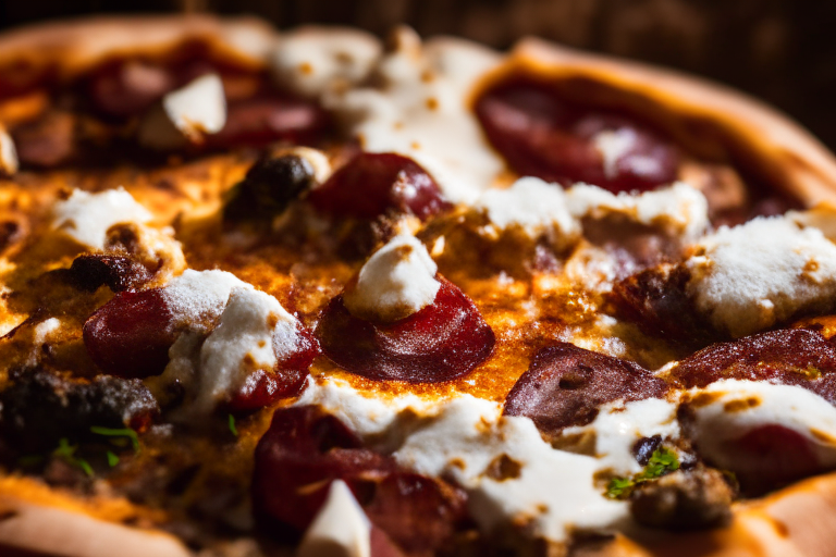 Wood Fired Pizza Oven Mediterranean Beef and Feta Pizza, bright studio lighting, close up shot centered on the olive oil, beef, olives, sun-dried tomatoes and melted feta cheese, razor-sharp focus