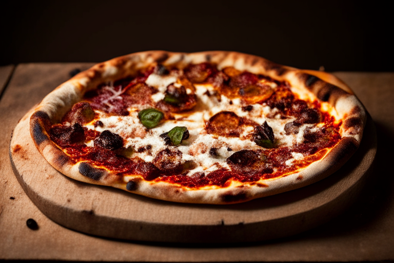 Wood Fired Pizza Oven Mediterranean Beef and Feta Pizza, bright studio lighting, minimal plate visible, razor-sharp focus on the melted feta cheese, beef, olives and sun-dried tomatoes