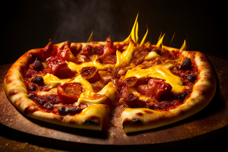 Wood Fired Pizza Oven Teriyaki Beef and Pineapple Delight Pizza, bright studio lighting, tight framing focused on the melted cheese, beef, pineapple, red peppers and teriyaki sauce, razor-sharp focus