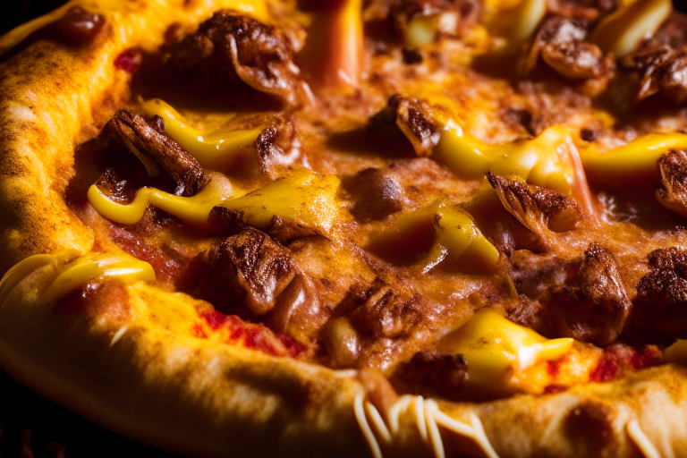 Wood Fired Pizza Oven Teriyaki Beef and Pineapple Delight Pizza, bright studio lighting, close up shot centered on the teriyaki sauce, beef, pineapple and melted cheese, razor-sharp focus