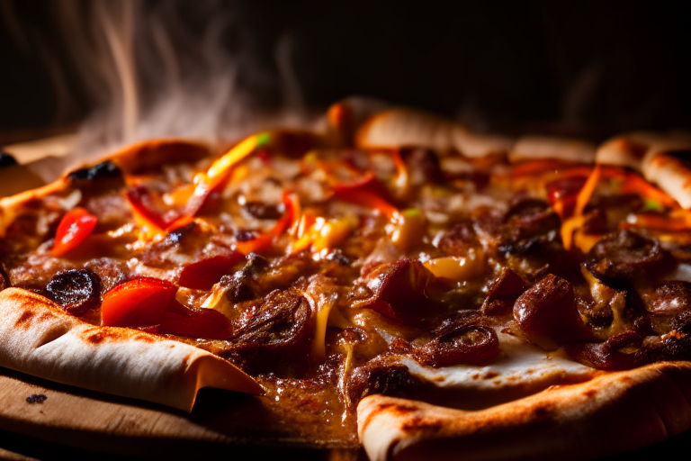 Wood Fired Pizza Oven Philly Cheesesteak Pizza, bright studio lighting, tight framing focused on the melted cheese, beef, peppers and onions, razor-sharp focus