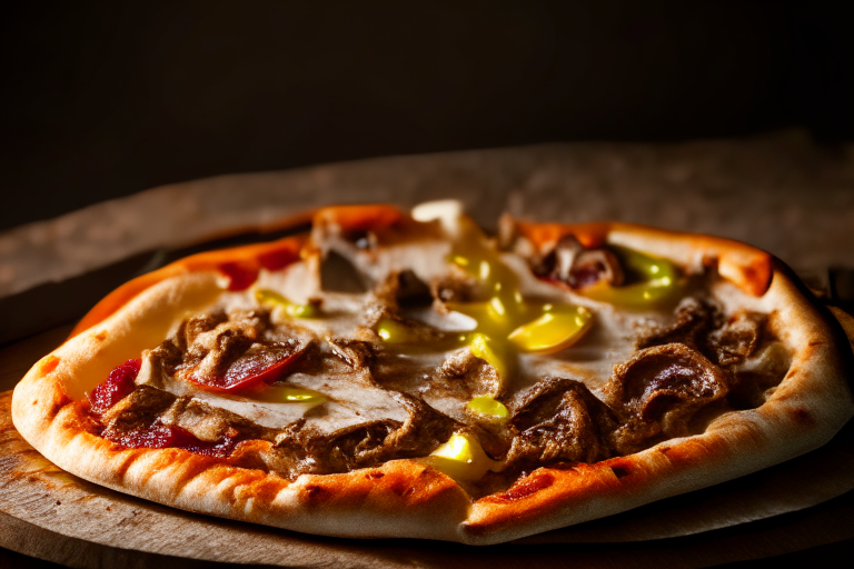 Wood Fired Pizza Oven Philly Cheesesteak Pizza, bright studio lighting, minimal plate visible, razor-sharp focus on the melted cheese, beef, peppers and onions