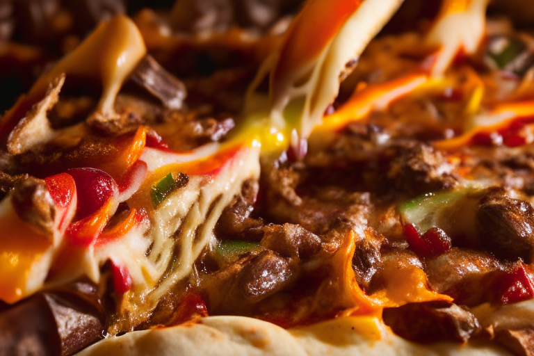 Wood Fired Pizza Oven Philly Cheesesteak Pizza, bright studio lighting, close up shot centered on the cheese, beef, peppers and onions, razor-sharp focus