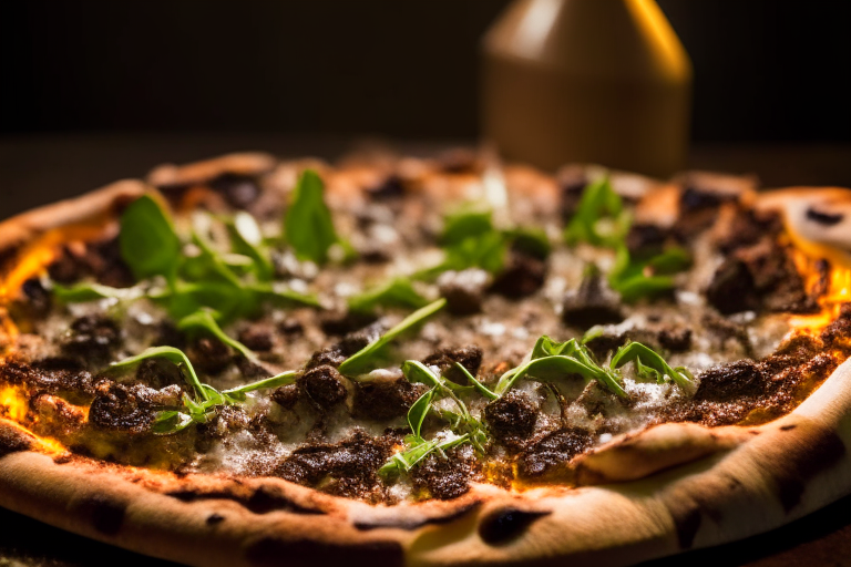 Wood Fired Pizza Oven Beef and Mushroom Truffle Pizza, bright studio lighting, tight framing focused on the melted cheese, beef, mushrooms, truffle oil and arugula, razor-sharp focus