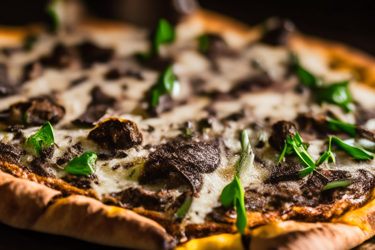 Wood Fired Pizza Oven Beef and Mushroom Truffle Pizza, bright studio lighting, close up shot centered on the cheese, beef, mushrooms, truffle oil and arugula, razor-sharp focus