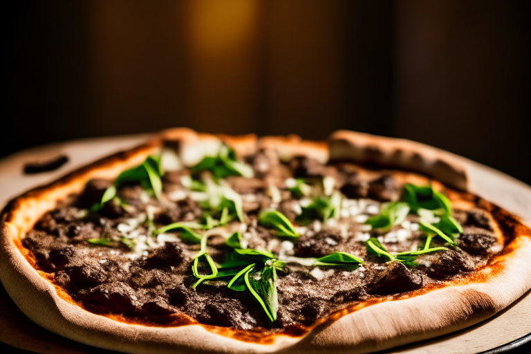 Wood Fired Pizza Oven Beef and Mushroom Truffle Pizza, bright studio lighting, minimal plate visible, razor-sharp focus on the melted cheese, beef, mushrooms, truffle oil and arugula