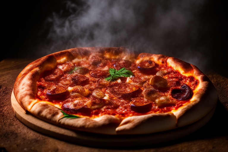 Wood Fired Pizza Oven Smoky Bacon and Sausage Pizza, bright studio lighting, tight framing focused on the melted cheese, bacon, sausage, tomato sauce and basil, razor-sharp focus