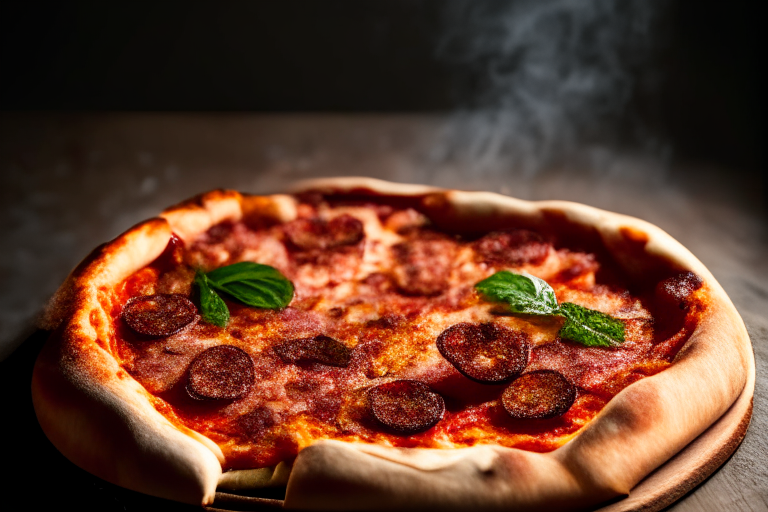 Wood Fired Pizza Oven Smoky Bacon and Sausage Pizza, bright studio lighting, minimal plate visible, razor-sharp focus on the melted cheese, bacon, sausage, tomato sauce and basil