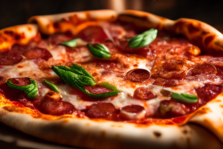 Wood Fired Pizza Oven Smoky Bacon and Sausage Pizza, bright studio lighting, close up shot centered on the cheese, bacon, sausage, tomato sauce and basil, razor-sharp focus