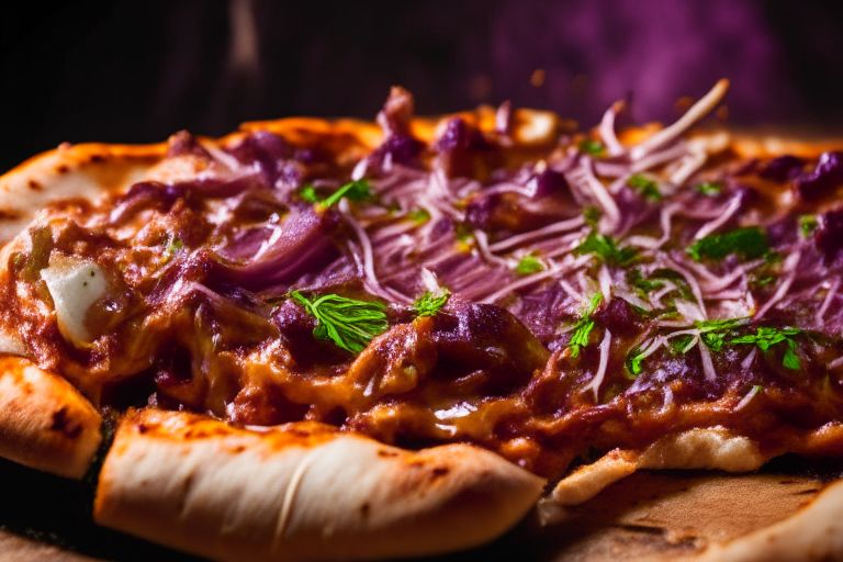 Wood Fired Pizza Oven BBQ Pulled Pork Pizza, bright studio lighting, tight framing focused on the melted cheese, pulled pork, BBQ sauce, red onions and cilantro, razor-sharp focus