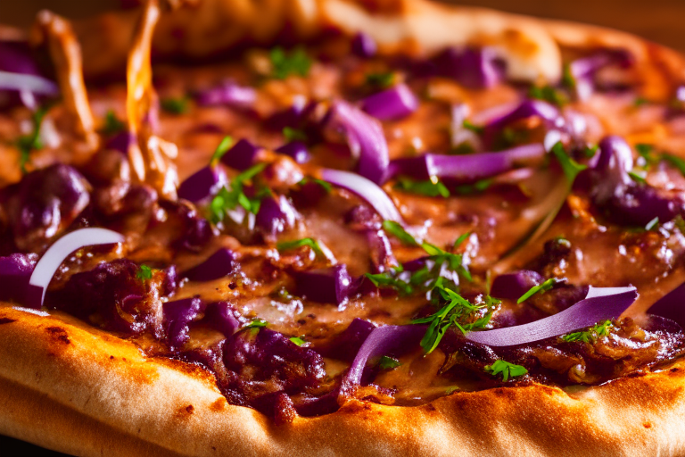 Wood Fired Pizza Oven BBQ Pulled Pork Pizza, bright studio lighting, close up shot centered on the cheese, pulled pork, BBQ sauce, red onions and cilantro, razor-sharp focus