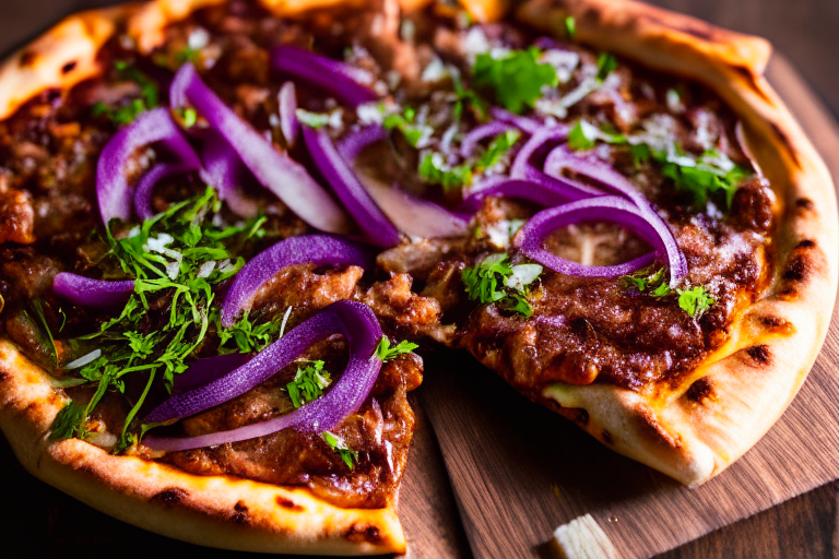 Wood Fired Pizza Oven BBQ Pulled Pork Pizza, bright studio lighting, minimal plate visible, razor-sharp focus on the melted cheese, pulled pork, BBQ sauce, red onions and cilantro