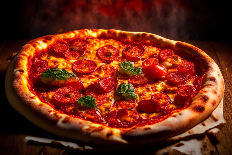 Wood Fired Pizza Oven Spicy Pepperoni and Sausage Pizza, bright studio lighting, tight framing focused on the melted cheese, pepperoni, sausage, chili peppers, tomato sauce and basil, razor-sharp focus