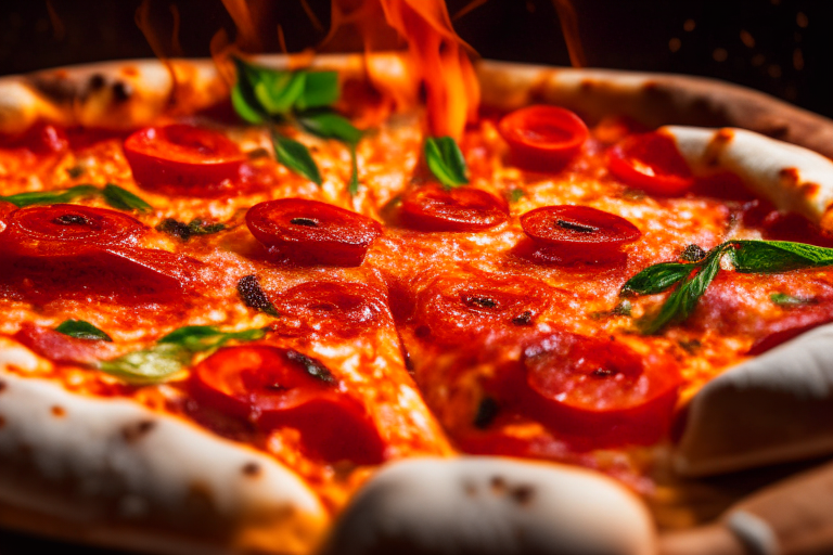 Wood Fired Pizza Oven Spicy Pepperoni and Sausage Pizza, bright studio lighting, close up shot centered on the cheese, pepperoni, sausage, chili peppers, tomato sauce and basil, razor-sharp focus