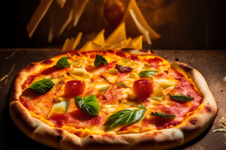 Wood Fired Pizza Oven Hawaiian Ham and Pineapple Pizza, bright studio lighting, tight framing focused on the melted cheese, ham, pineapple, tomato sauce and basil, razor-sharp focus