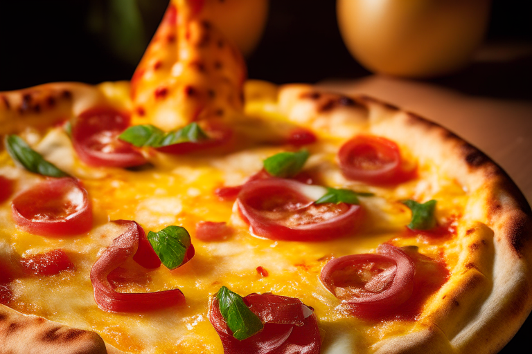 Wood Fired Pizza Oven Hawaiian Ham and Pineapple Pizza, bright studio lighting, close up shot centered on the cheese, ham, pineapple, tomato sauce and basil, razor-sharp focus