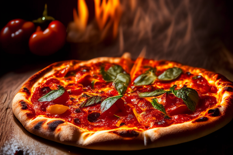 Wood Fired Pizza Oven Italian Sausage and Roasted Red Pepper Pizza, bright studio lighting, tight framing focused on the melted cheese, sausage, roasted red peppers, tomato sauce and basil, razor-sharp focus