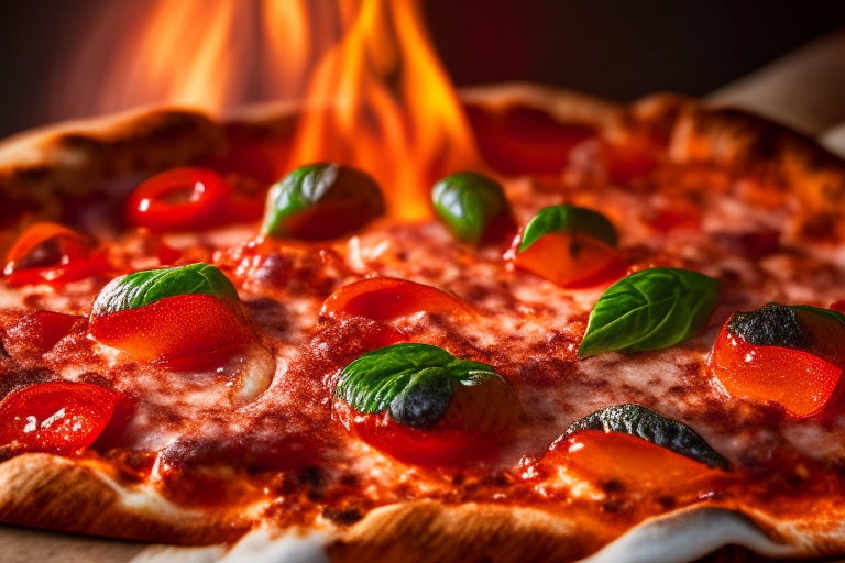 Wood Fired Pizza Oven Italian Sausage and Roasted Red Pepper Pizza, bright studio lighting, close up shot centered on the cheese, sausage, roasted red peppers, tomato sauce and basil, razor-sharp focus