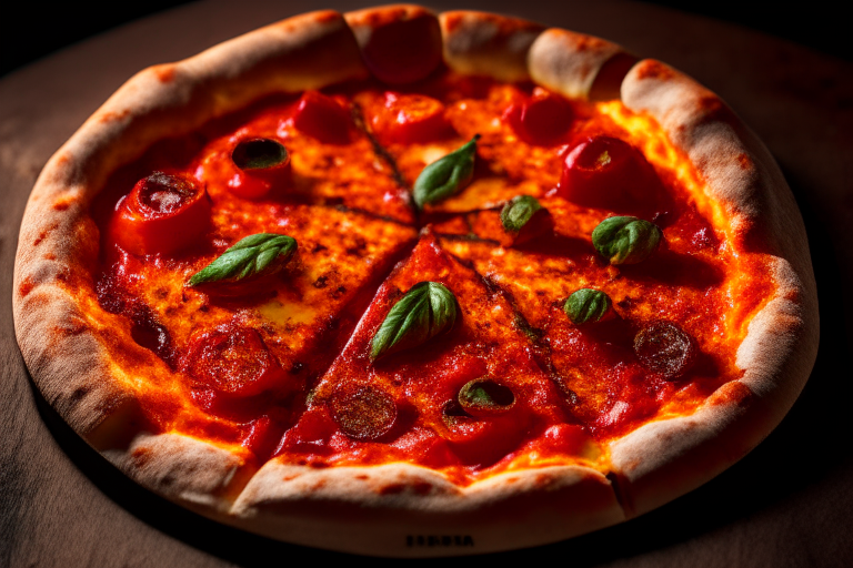 Wood Fired Pizza Oven Italian Sausage and Roasted Red Pepper Pizza, bright studio lighting, minimal plate visible, razor-sharp focus on the melted cheese, sausage, roasted red peppers, tomato sauce and basil