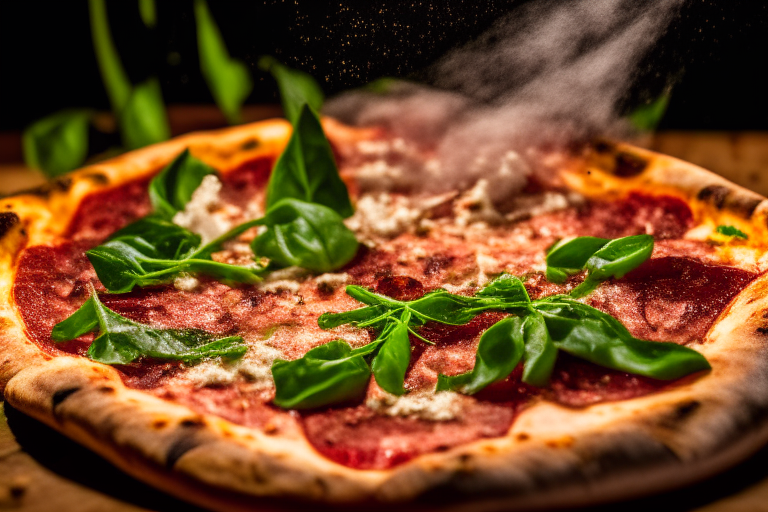 Wood Fired Pizza Oven Prosciutto and Arugula Pizza, bright studio lighting, tight framing focused on the melted cheese, prosciutto, arugula, tomato sauce and basil, razor-sharp focus